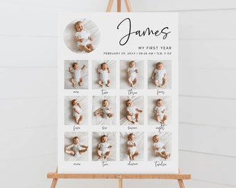 Peut inclure: Une affiche blanche avec le nom "James" écrit en cursive. L'affiche présente un collage de 12 photos d'un bébé garçon, chaque photo représentant un mois différent de la première année du bébé. Le texte "My First Year" est écrit sous le nom, suivi de la date de naissance, de l'heure et du poids du bébé. Les photos sont disposées en grille de quatre rangées et trois colonnes.