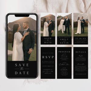 Wedding Video Save the Date Template, RSVP, Details & Program, Animated Wedding Invite, Black Dijital Save the Date, Canva Template, SDV-03