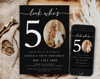Photo 50th Birthday Invitation Template, Elegant Milestone (Digital File)
