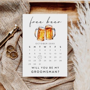 Gratis bier bewaar deze datum-sjabloon, kaart getuige voorstel, kaart grappige bruidsjonkers, kalenderkaart, zal je mijn getuige zijn, SD-101