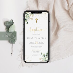 May include: A digital invitation for a baptism with a gold cross, green leaves, and gold glitter. The invitation reads "Please join us for the baptism of our daughter Emily Thompson, August 26 at 2:00 PM, Munger Ave Baptist Church, 3919 Munger Ave, Dallas. Reception to follow at the Thompson's residence Dallas, TX. RSVP by July 14th to Hannah at 123.416.0749."