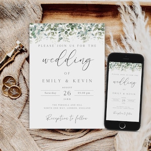 Eucalyptus Wedding Invitation Template, Botanical Wedding Invite, Editable Minimalist Wedding Invite, Leaves Wedding Invitation, WI-179