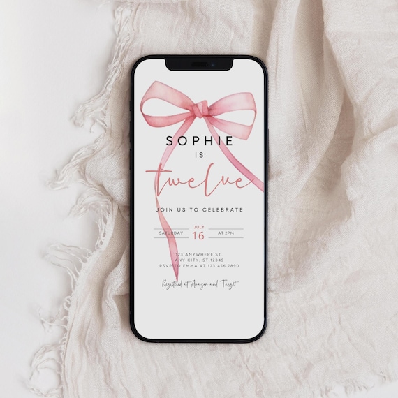12th Birthday Electronic Invitation, Pink Bow Twelve Birthday Digital Invite, Coquette 12th Birthday Evite, Instant Download, B-772