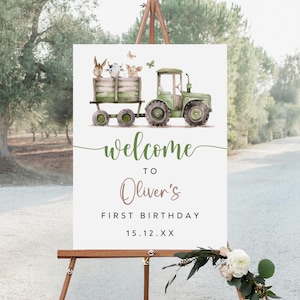 Farm Birthday Welcome Sign, Green Tractor 1st Birthday Sign, Editable Farm Animals First Birthday Welcome Poster, Instant Download, BS-107
