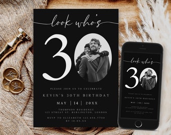 Photo 30th Birthday Invitation Template, Black & White (Digital)