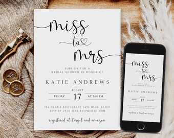 May include: A bridal shower invitation with the text "miss to mrs" in elegant script. The invitation includes details for Katie Andrews' shower on August 17th at 2:00 PM. A smartphone displays the same invitation. Gold wax seals and a gold bottle opener are also present.