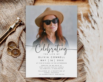 May include: A white memorial card with a black border and a photo of a woman wearing a hat and sunglasses. The text "Celebrating the life of Olivia Connell May 14 20XX" is printed on the card.