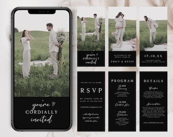 May include: A black and white wedding invitation suite with a minimalist design. The invitation features a couple in a field, with the text "you're cordially invited". The RSVP card includes the date and time of the wedding, as well as the couple's email address. The program card lists the wedding ceremony and reception times, and the details card provides information about the reception and accommodations.