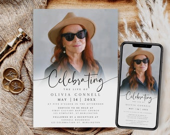 May include: A memorial card and a smartphone show a photo of a woman in sunglasses and a hat. The card says "Celebrating" and provides details for a memorial service, including the name Olivia Connell, the date, and the location.