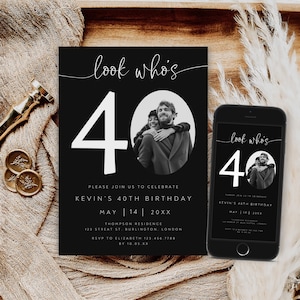Faire-part 40e anniversaire modifiable, look qui a 40 ans, invitation photo 40e anniversaire, faire-part 40 ans, anniversaire adulte, noir, AI-70