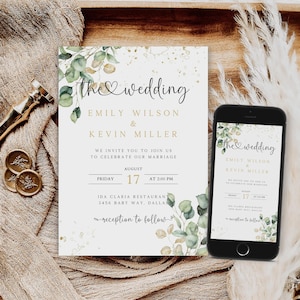 Greenery Wedding Invitation Template, Eucalyptus Wedding Invite, Wedding Electronic Invitation, Green and Gold Wedding Invite, WI-173