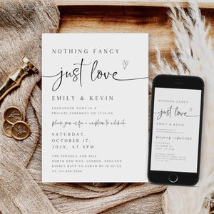 Modelo de convite Nothing Fancy Just Love, convite para recepção de casamento, cartão de anúncio de casamento minimalista, download instantâneo, PI-116