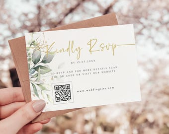 Editable Greenery Wedding RSVP Card, QR Code Response (Digital Download)