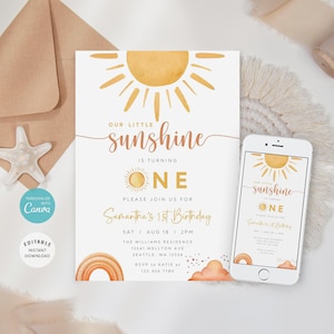 Convite de primeiro aniversário editável Sunshine, convite de aniversário A Little Ray of Sunshine, convite de primeiro aniversário Sun, download instantâneo, B-303