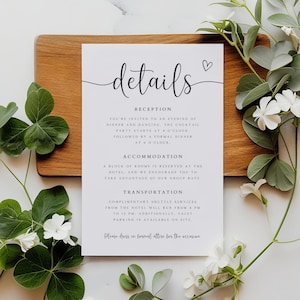 Modelo de cartão de detalhes moderno, encarte editável para casamento, cartão de detalhes elegante, cartão de acomodação, cartão de anexo para casamento, DT-18