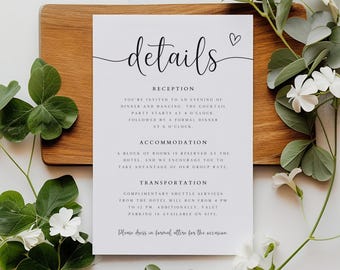 May include: A white wedding invitation card with the word "details" in black cursive script. The card provides information about the reception, accommodation, and transportation for the wedding.