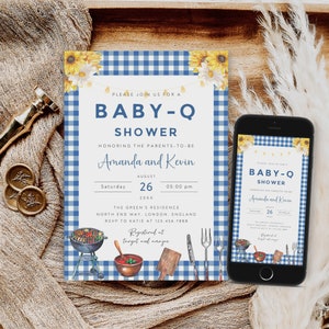 Modello di invito per baby shower barbecue, invito per baby shower in cortile, invito modificabile per baby shower barbecue, download istantaneo, blu, B-668
