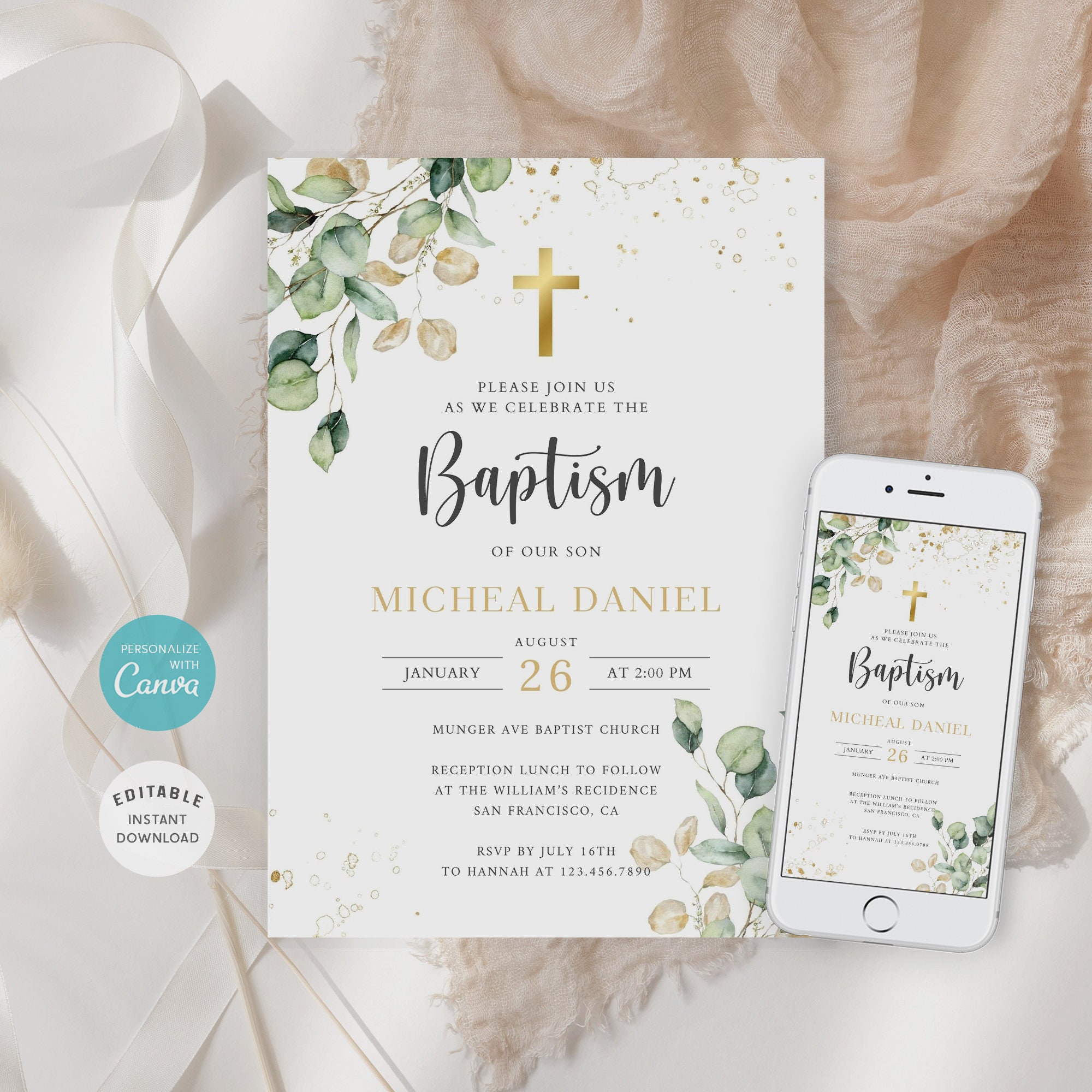 Baptism Invitation Template, Botanical Christening Invite, Eucalyptus Greenery Baptism Invitation, Editable Template, BT-01