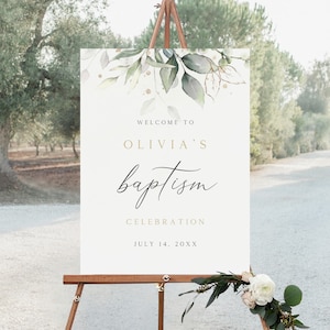 Editable Baptism Welcome Sign, Christening Welcome Poster, Greenery Baptism Welcome Sign, Baptism Sign Template, Instant Download, BS-84