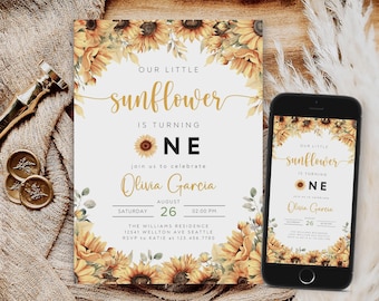 Rustic Sunflower 1st Birthday Invitation, Editable Template (Digital Download)