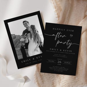 May include: Two black and white wedding invitations. One features a photo of a couple, the other reads "Happily Ever After Party" with event details. The invitations are on a neutral background.