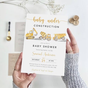 Bearbeitbare Bau-Babypartyeinladung, Baby im Bau einladen, LKW-Babypartyeinladung, Bauparty, B-380