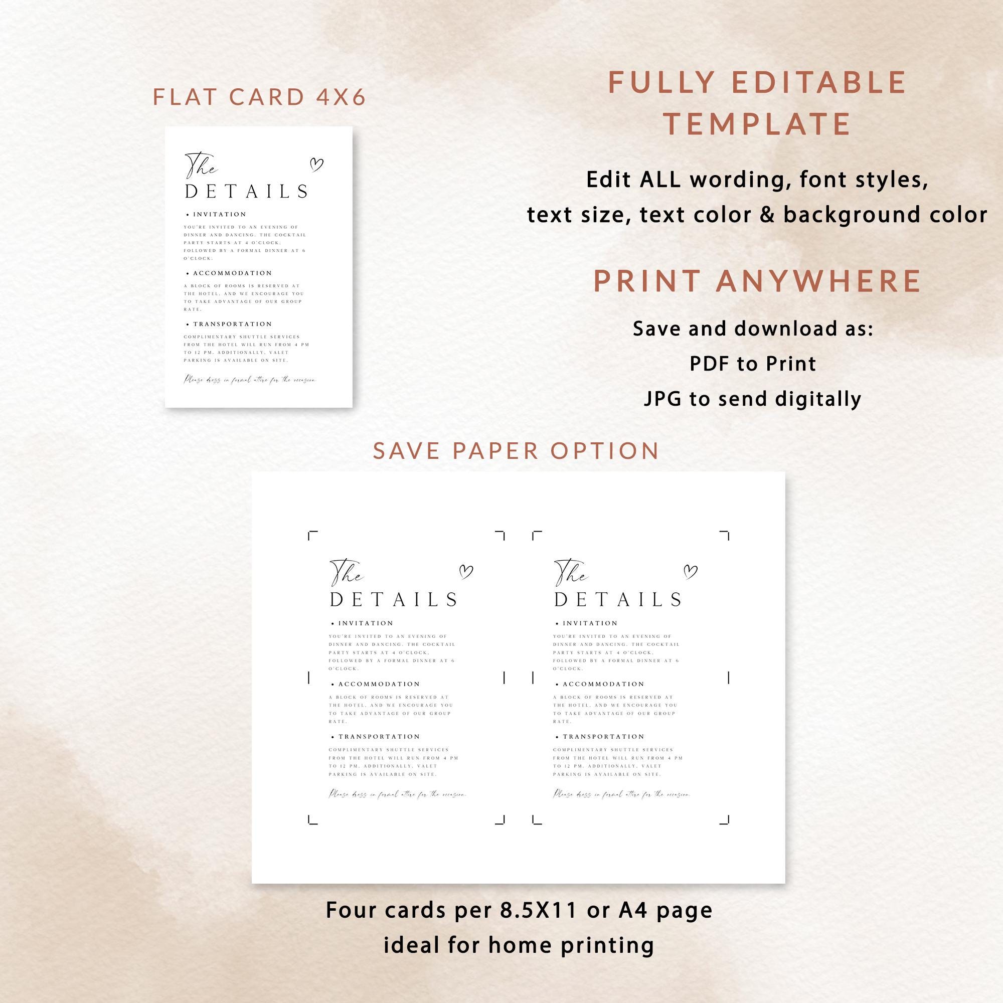 Modern Wedding Details Card Template, Elegant Insert (digital Download ...