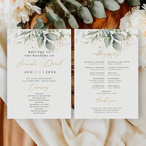 Greenery Hochzeitsprogramm Vorlage, Ordnung des Service, Eukalyptus Hochzeitsprogramm, Hochzeitszeremonie, doppelseitig, WS-10