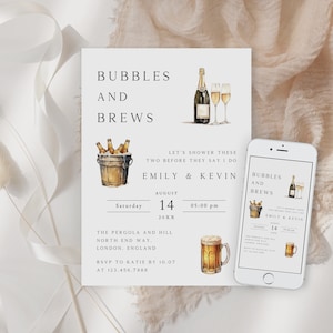 Editable Bubbles and Brews Shower Invitation, Brews and Bubbly Bridal Shower Invite, Instant Download, Couples Shower E-vite, BSI-35