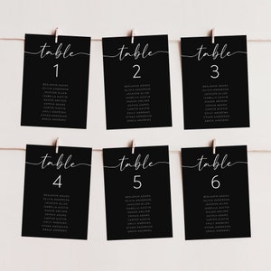 Può includere: Sei carte da tavolo nere con testo bianco. Ogni carta ha un numero di tavolo da 1 a 6 e un elenco di nomi. Le carte sono appese a una corda con mollette.