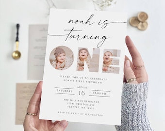 1st Birthday Invitation Template, First Birthday Photo Invitation, Minimalist 1st Birthday Photo Invite, Editable Template, B-66