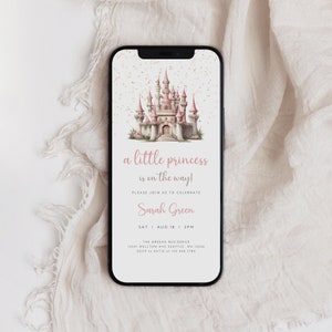 Prinzessin Baby Shower elektronische Einladung, bearbeitbare rosa Schloss Babyparty Evite, Mädchen-Babyparty Dijital einladen, sofortiger Download, B-655