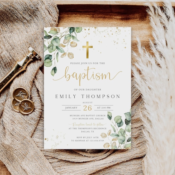 Editable Greenery Gold Baptism Invitation, Eucalyptus Baptism Invitation Template, Baptism Invite, Christening Invitation, BT-10