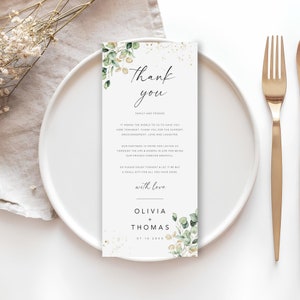 Modelo de cartão de agradecimento para mesa de casamento, nota de agradecimento para guardanapo, agradecimento para configuração de lugar, cartão de agradecimento para casamento com vegetação, editável, TC-20