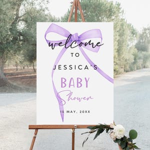 Purple Bow Baby Shower Welcome Sign, Purple Ribbon Baby Shower Poster, Baby Shower Decorations, Editable Template, Instant Download, BS-117