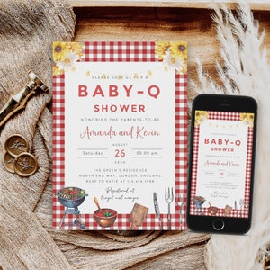 Modello di invito per baby shower barbecue, invito per baby shower in cortile, invito modificabile per baby shower barbecue, download istantaneo, rosso, B-665