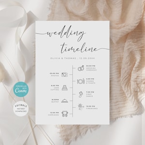 May include: A wedding timeline sign with the words "wedding timeline" in elegant script. The timeline includes times for photos, ceremony, cake cutting, dinner, first dance, buffet, fireworks, and carriages. The sign is light gray with black text.