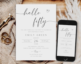Editable Hello Fifty Invitation Template, 5x7, Smartphone Size (Digital Download)