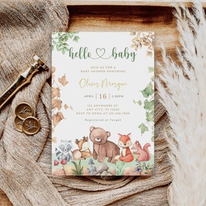 Woodland Baby Shower Invitation Template, Forest Animals Invite, Boy Baby Shower Invitation, Woodland animals Invite, Hello Baby, B-265
