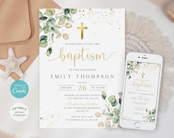 Greenery Gold Baptism Invitation Template, Editable Invite (Digital)