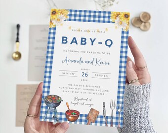 BBQ Baby Shower Invitation Template, Blue Gingham (Digital Download)