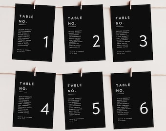 Black Wedding Table Numbers Template, Modern Seating Cards (Digital)