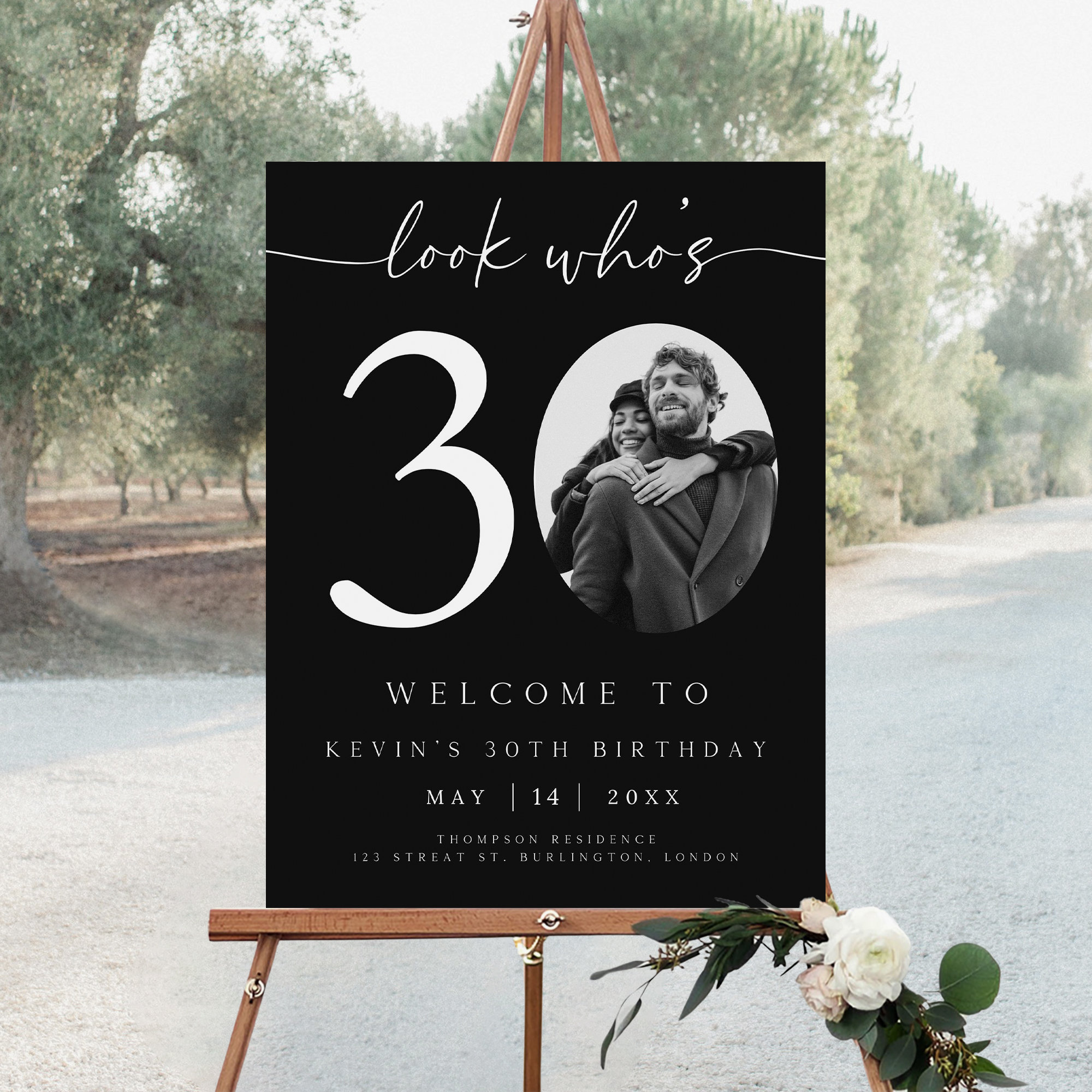 Editable 30th Birthday Welcome Sign, Look Who's 30 Welcome Sign, Black Thirty Birthday Photo Poster, Birthday Decorations, G-204