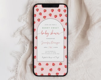 Invitación digital para baby shower con diseño de fresas, invitación electrónica con temática de frutos rojos.