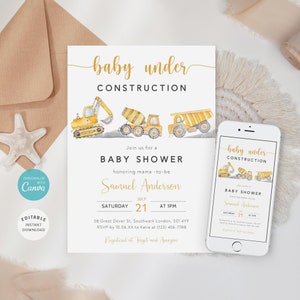 Bearbeitbare Bau-Babyparty-Einladung, Baby im Bau, LKW-Babyparty-Einladung, Konstruktions-Party einladen, Evite, B-379