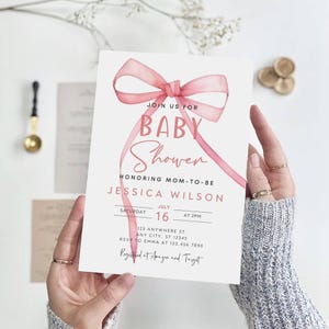 Bearbeitbare Rosa Schleife-Babyparty-Einladung, Band-Bogen-Dusche Einladen, Rosa Kokette Babypartyeinladungsvorlage, Sofort-Download, B-753