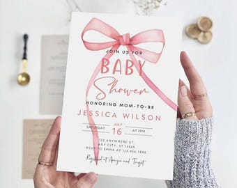 Pink Bow Baby Shower Invitation Template, Editable Coquette Invite (Instant Download)