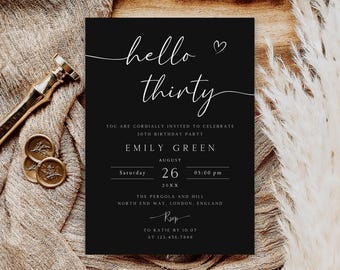 Invitation modifiable Hello Thirty, invitation de fête d'anniversaire noire (5 x 7) (téléchargement numérique)