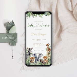 May include: A digital invitation for a baby shower with a jungle theme. The invitation features a green leafy border with a heart and the text "Join us for a baby shower honoring Oliver Morgan". The date is April 16th at 2:00 PM. The invitation also includes a giraffe, zebra, elephant, monkey, and lion.