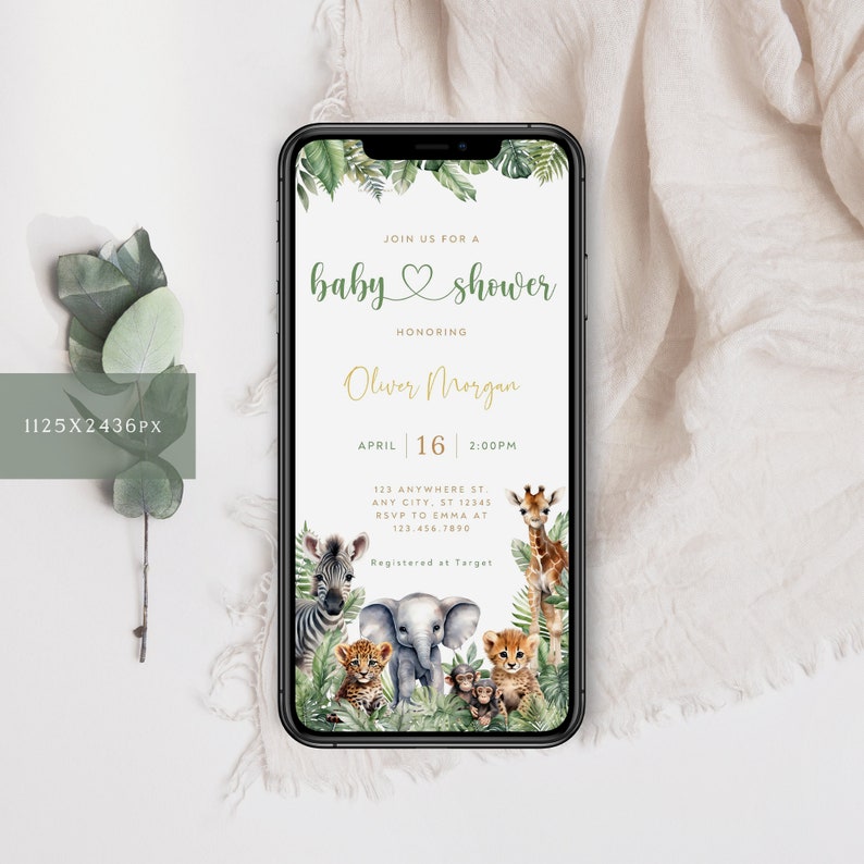 May include: A digital invitation for a baby shower with a jungle theme. The invitation features a green leafy border with a heart and the text "Join us for a baby shower honoring Oliver Morgan". The date is April 16th at 2:00 PM. The invitation also includes a giraffe, zebra, elephant, monkey, and lion.